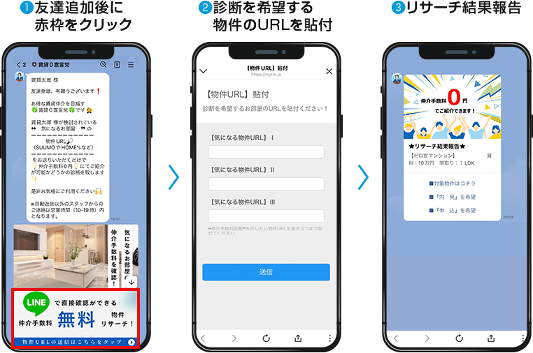 友達追加後に赤枠をクリック｜診断を希望する物件のURLを貼付｜リサーチ結果報告